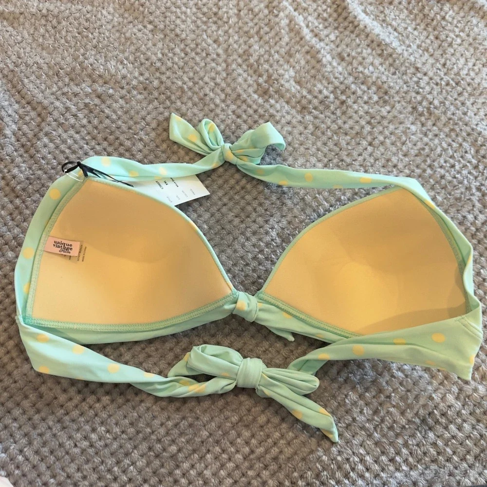Unique Vintage Mint Green Yellow Polka Dot Halter Bikini Top XXL Retro Pinup